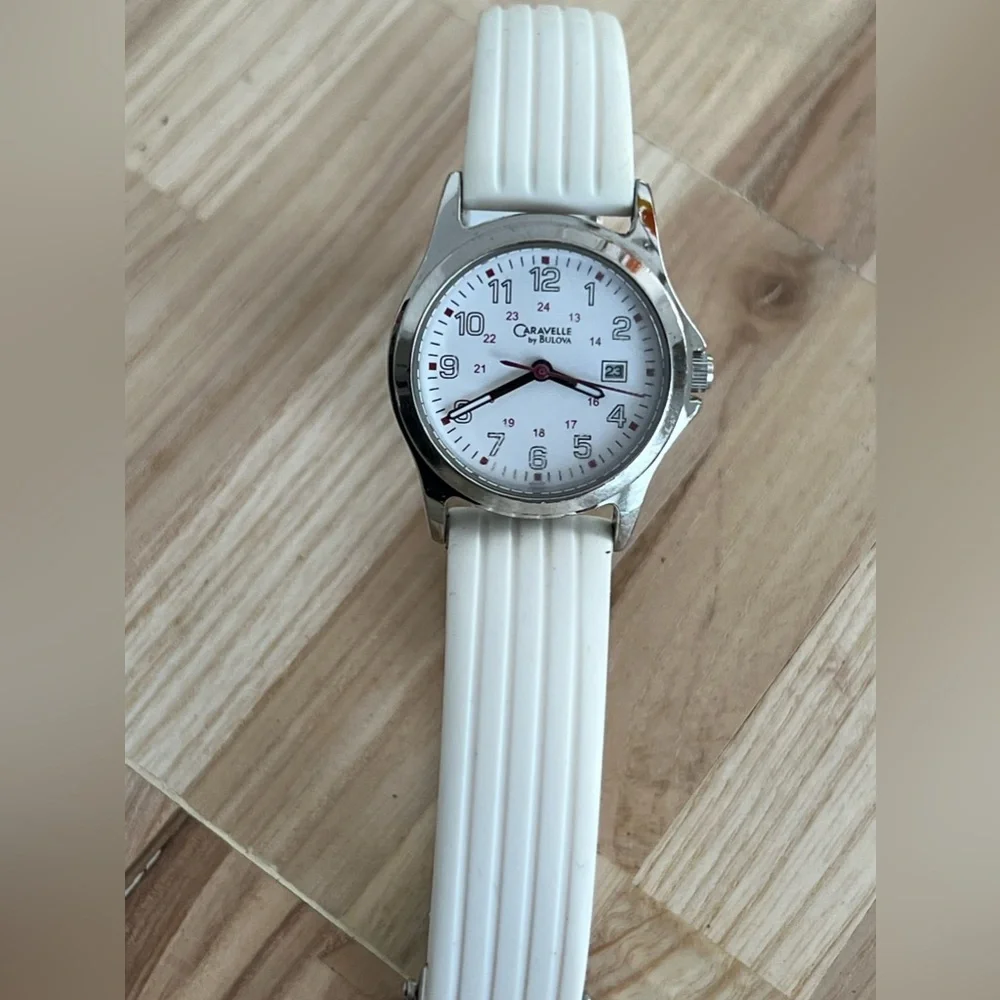 Caravelle by Bulova Ladies Watch White Silicone Bracelet White Dial Date Window - Picture 5 of 13